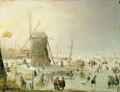 A Winter Scene with Skaters by a Windmill by Hendrick Avercamp